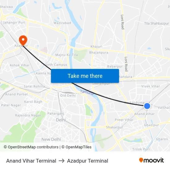 Anand Vihar Terminal to Azadpur Terminal map