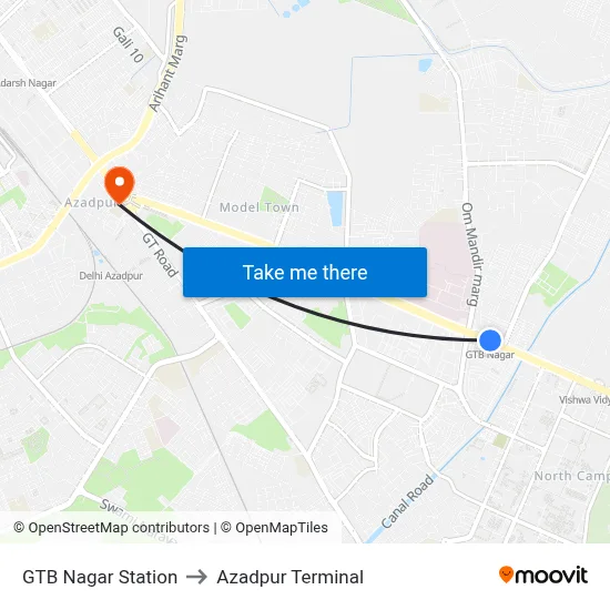 GTB Nagar Station to Azadpur Terminal map
