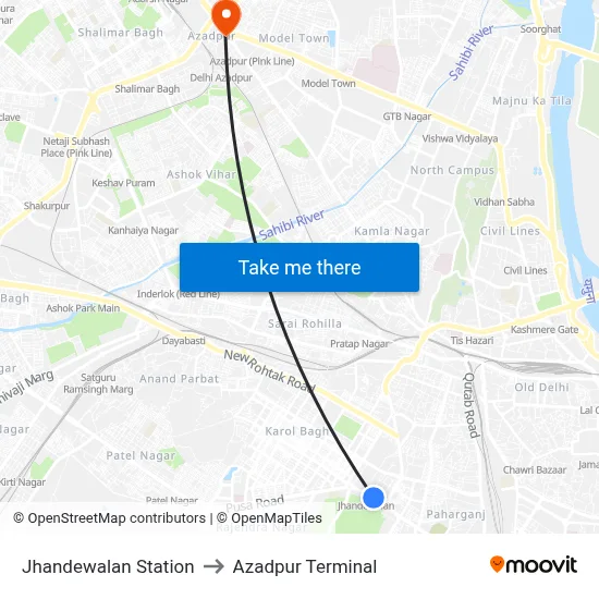 Jhandewalan Station to Azadpur Terminal map