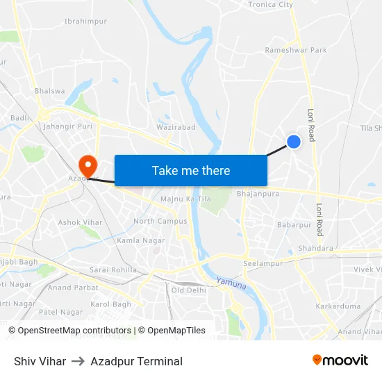 Shiv Vihar to Azadpur Terminal map
