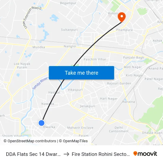 DDA Flats Sec 14 Dwarka to Fire Station Rohini Sector 8 map