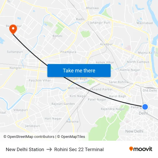 New Delhi Station to Rohini Sec 22 Terminal map
