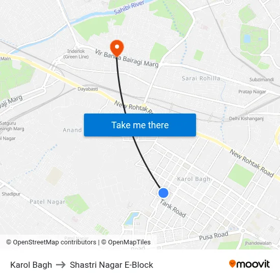 Karol Bagh to Shastri Nagar E-Block map