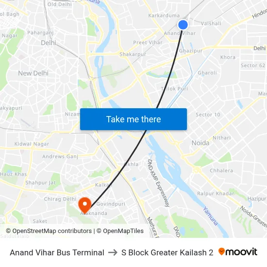 Anand Vihar Bus Terminal to S Block Greater Kailash 2 map