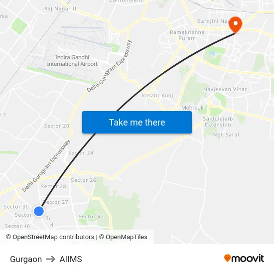 Gurgaon to AIIMS map