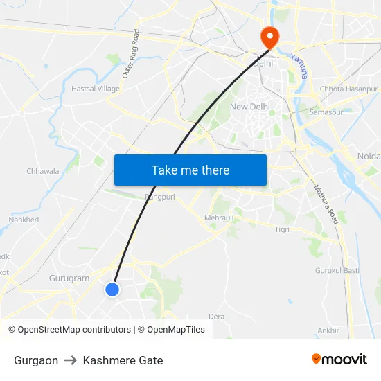 Gurgaon to Kashmere Gate map