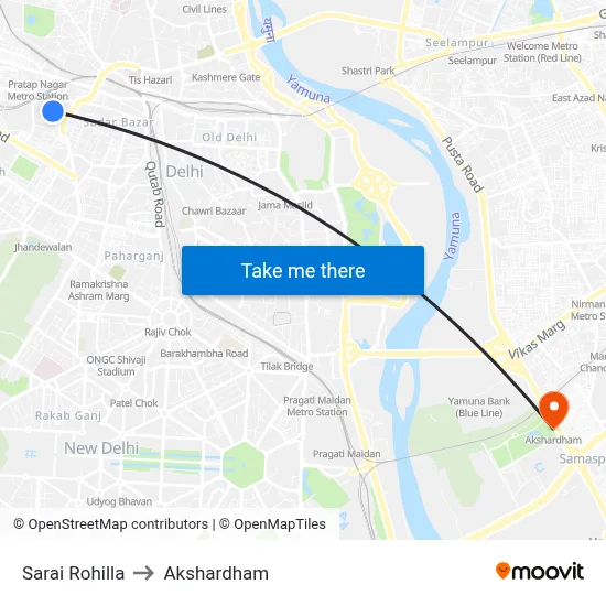 Sarai Rohilla to Akshardham map