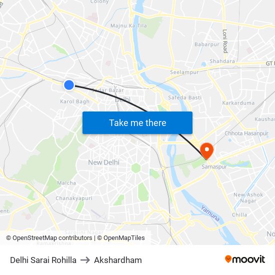 Delhi Sarai Rohilla to Akshardham map