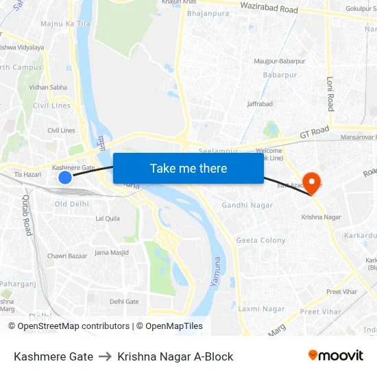 Kashmere Gate to Krishna Nagar A-Block map