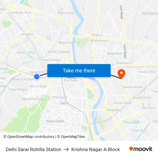 Delhi Sarai Rohilla Station to Krishna Nagar A-Block map
