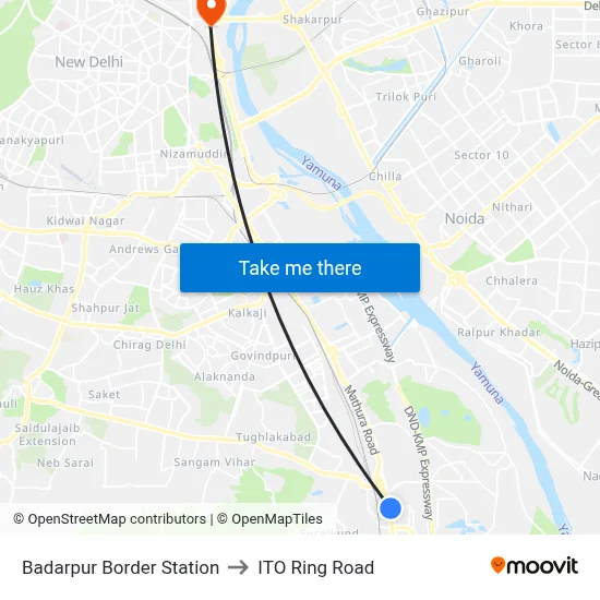 Badarpur Border Station to ITO Ring Road map