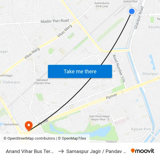 Anand Vihar Bus Terminal to Samaspur Jagir  / Pandav Nagar map