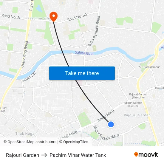 Rajouri Garden to Pachim Vihar Water Tank map