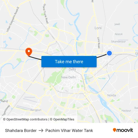 Shahdara Border to Pachim Vihar Water Tank map