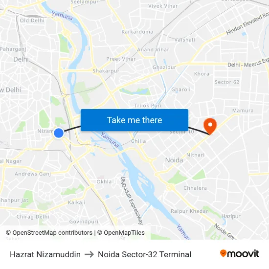Hazrat Nizamuddin to Noida Sector-32 Terminal map