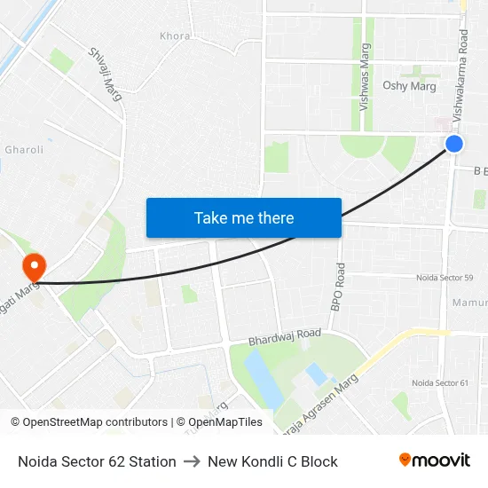 Noida Sector 62 Station to New Kondli C Block map