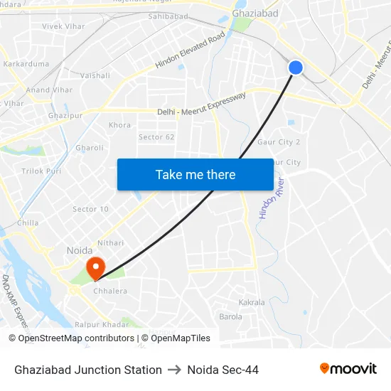 Ghaziabad Junction Station to Noida Sec-44 map