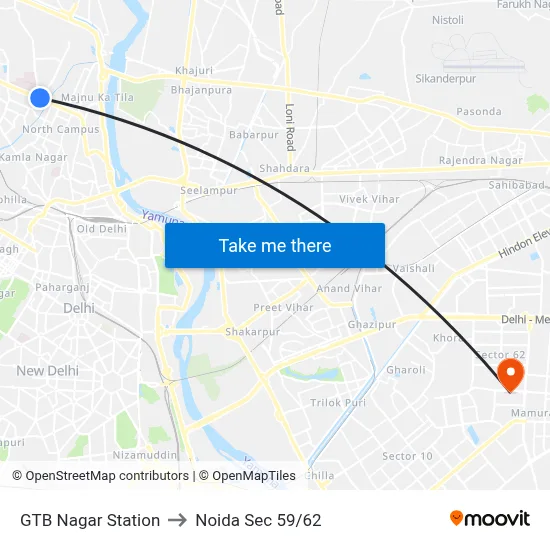 GTB Nagar Station to Noida Sec 59/62 map