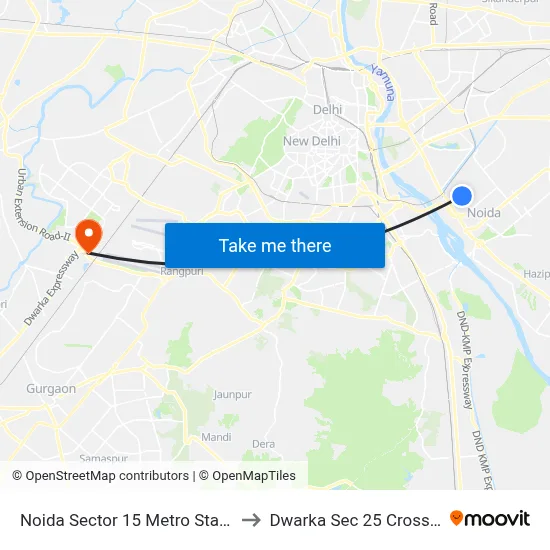 Noida Sector 15 Metro Station to Dwarka Sec 25 Crossing map