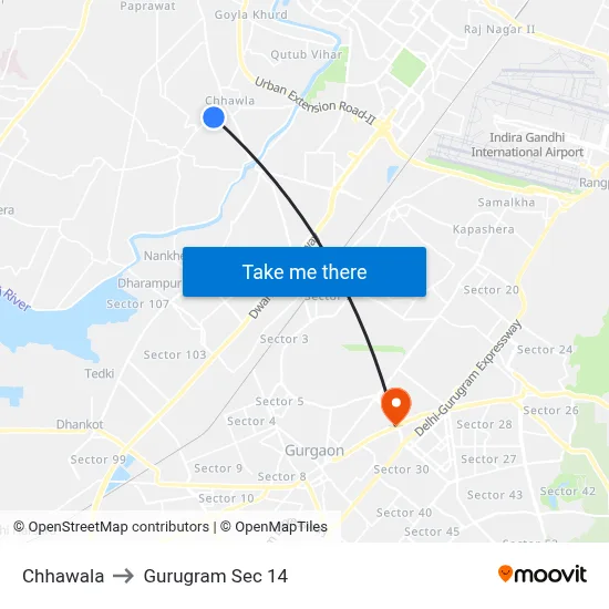 Chhawala to Gurugram Sec 14 map