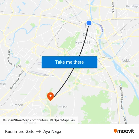 Kashmere Gate to Aya Nagar map