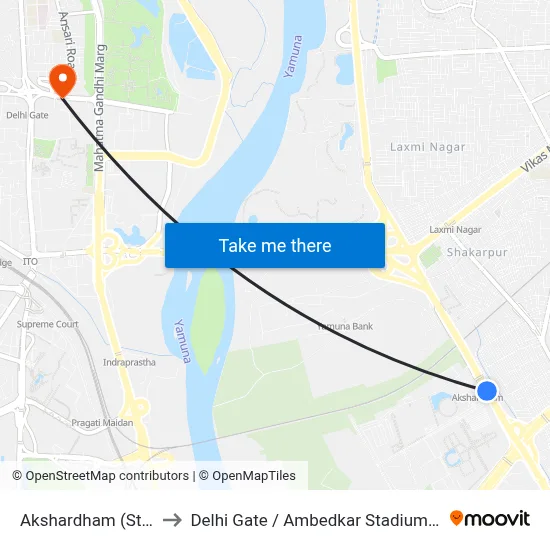 Akshardham (Station) to Delhi Gate / Ambedkar Stadium Terminal map