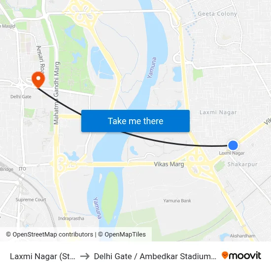 Laxmi Nagar (Station) to Delhi Gate / Ambedkar Stadium Terminal map