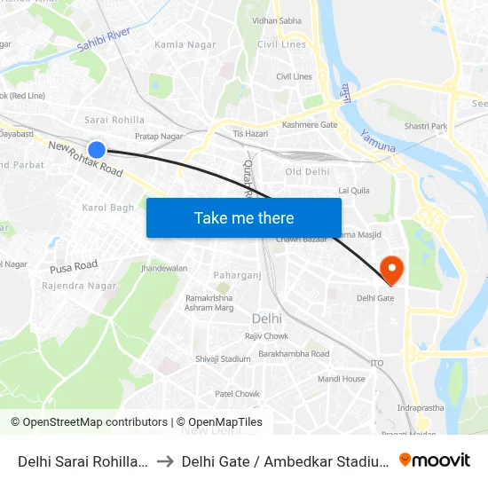 Delhi Sarai Rohilla Station to Delhi Gate / Ambedkar Stadium Terminal map