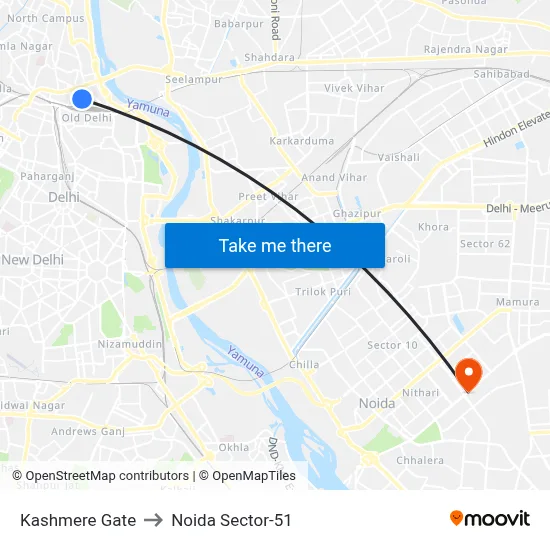 Kashmere Gate to Noida Sector-51 map