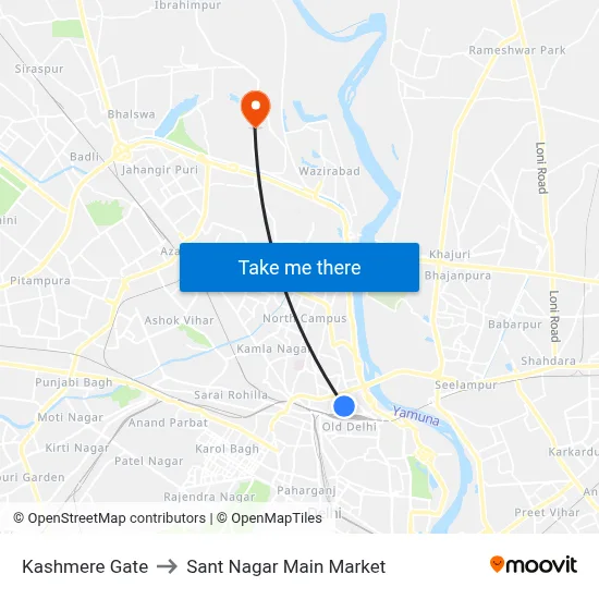 Kashmere Gate to Sant Nagar Main Market map