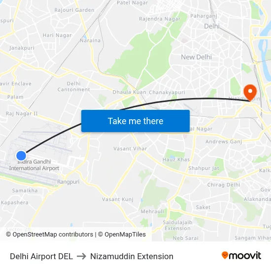 Delhi Airport DEL to Nizamuddin Extension map