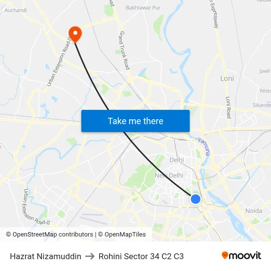 Hazrat Nizamuddin to Rohini Sector 34 C2 C3 map