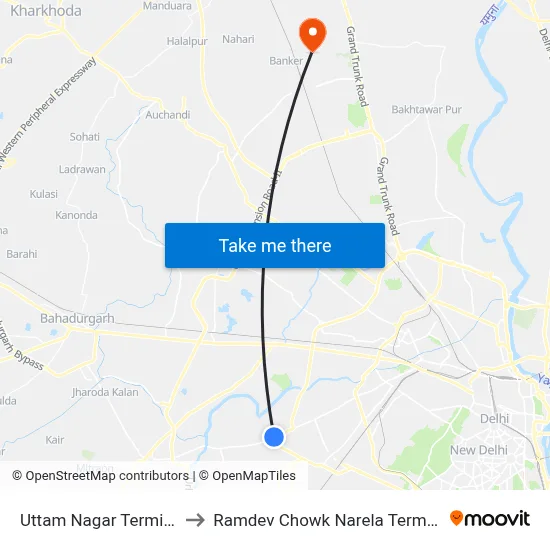 Uttam Nagar Terminal to Ramdev Chowk Narela Terminal map
