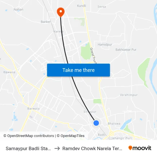 Samaypur Badli Station to Ramdev Chowk Narela Terminal map