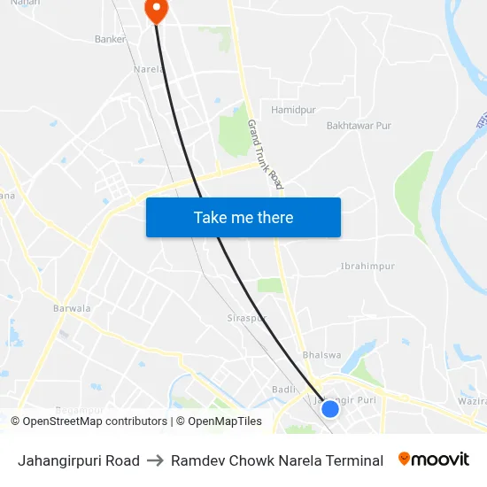 Jahangirpuri Road to Ramdev Chowk Narela Terminal map