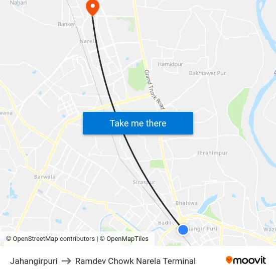Jahangirpuri to Ramdev Chowk Narela Terminal map