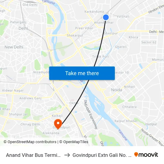 Anand Vihar Bus Terminal to Govindpuri Extn Gali No. 16 map