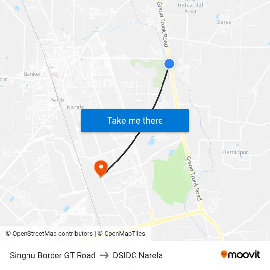 Singhu Border GT Road to DSIDC Narela map