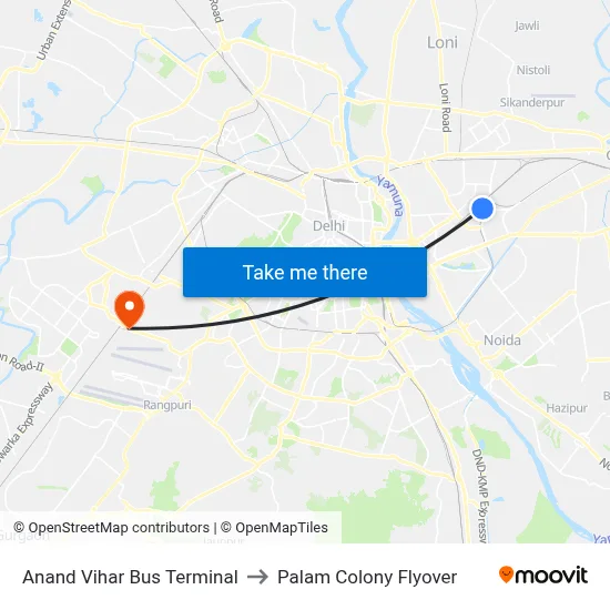 Anand Vihar Bus Terminal to Palam Colony Flyover map