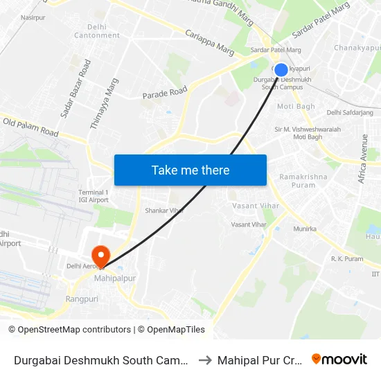 Durgabai Deshmukh South Campus Station to Mahipal Pur Crossing map