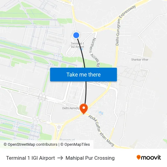 Terminal 1 IGI Airport to Mahipal Pur Crossing map