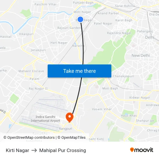 Kirti Nagar to Mahipal Pur Crossing map