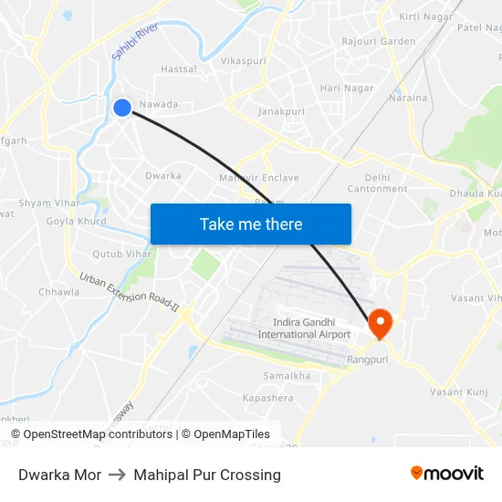 Dwarka Mor to Mahipal Pur Crossing map