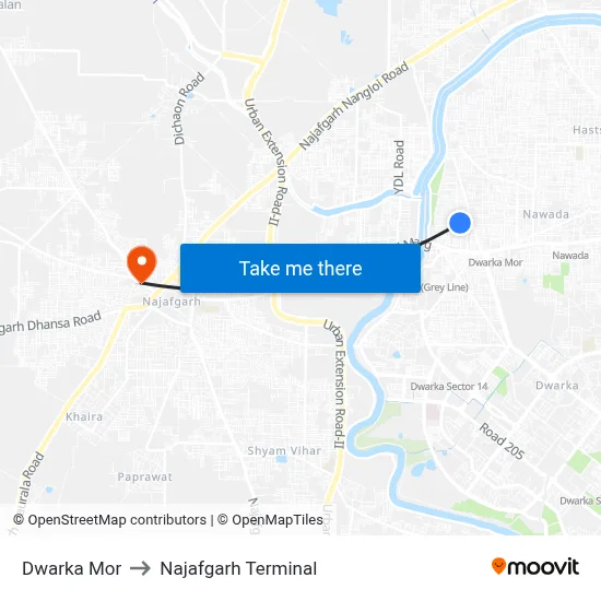 Dwarka Mor to Najafgarh Terminal map