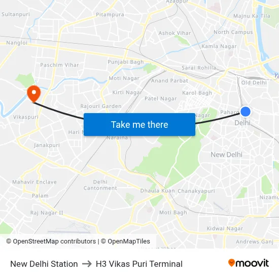 New Delhi Station to H3 Vikas Puri Terminal map