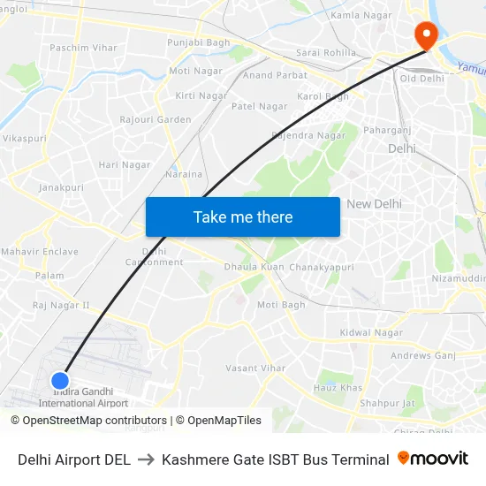 Delhi Airport DEL to Kashmere Gate ISBT Bus Terminal map