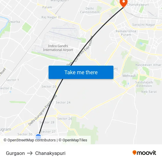 Gurgaon to Chanakyapuri map