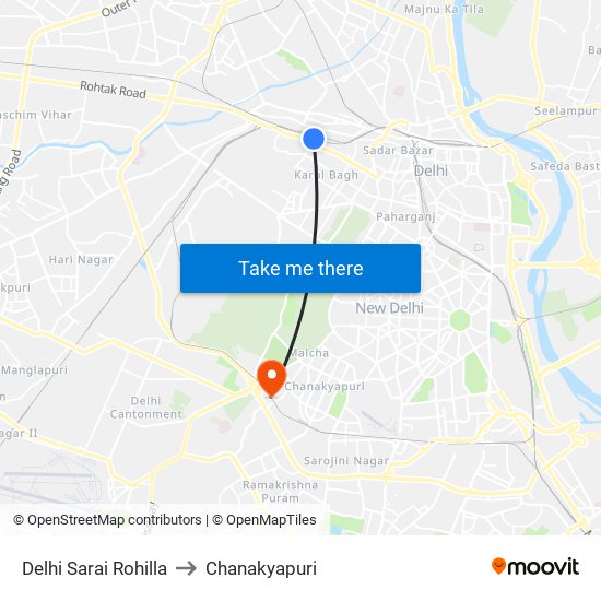 Delhi Sarai Rohilla to Chanakyapuri map