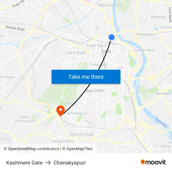Kashmere Gate to Chanakyapuri map