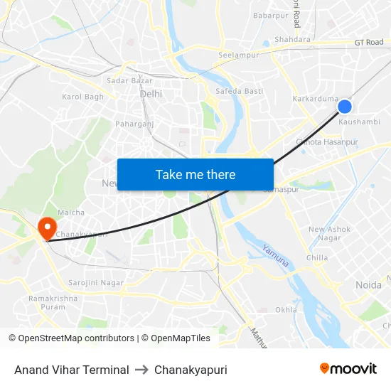 Anand Vihar Terminal to Chanakyapuri map